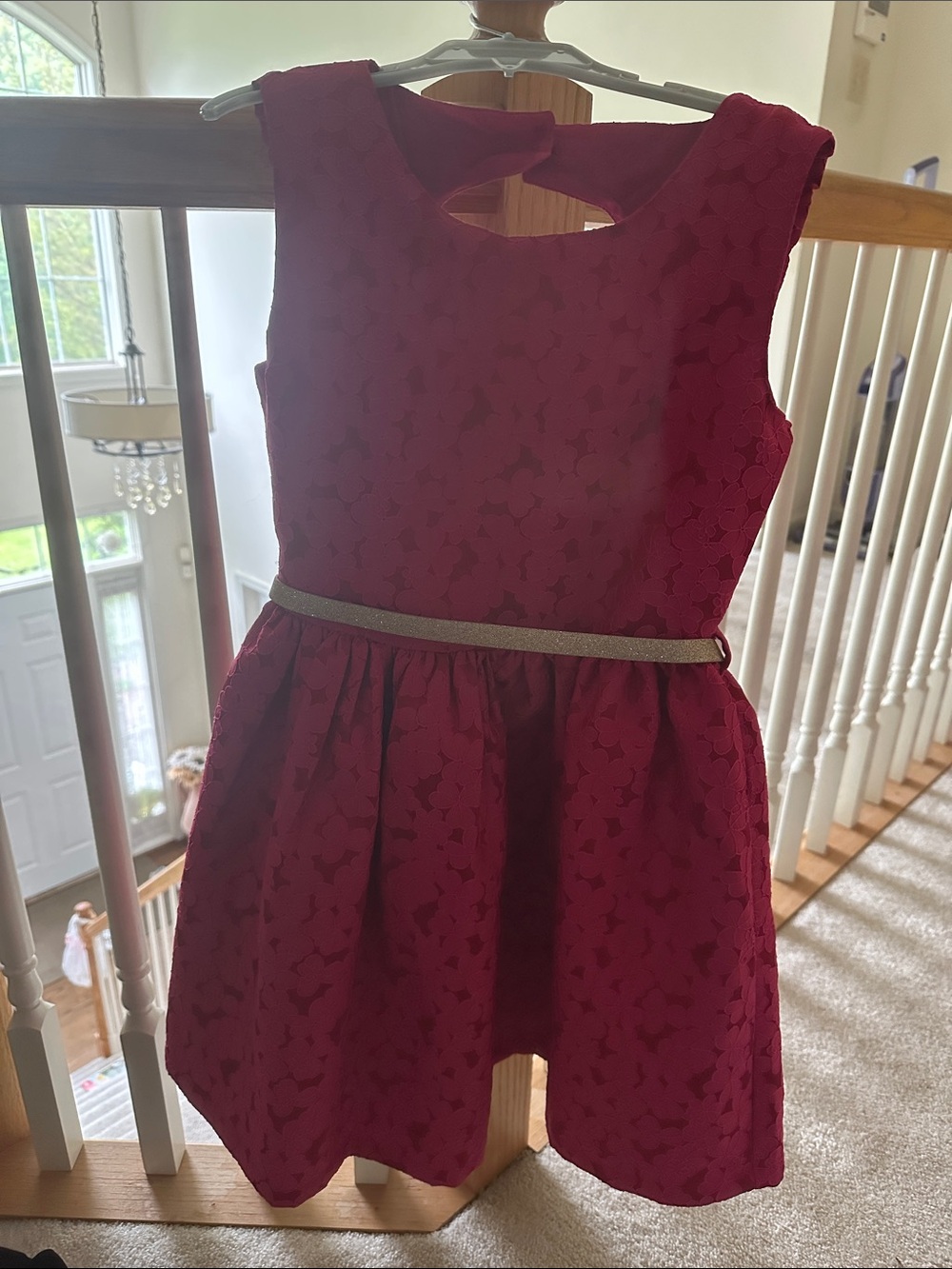 Girls' Red Floral Lace Party Dress with Gold Belt